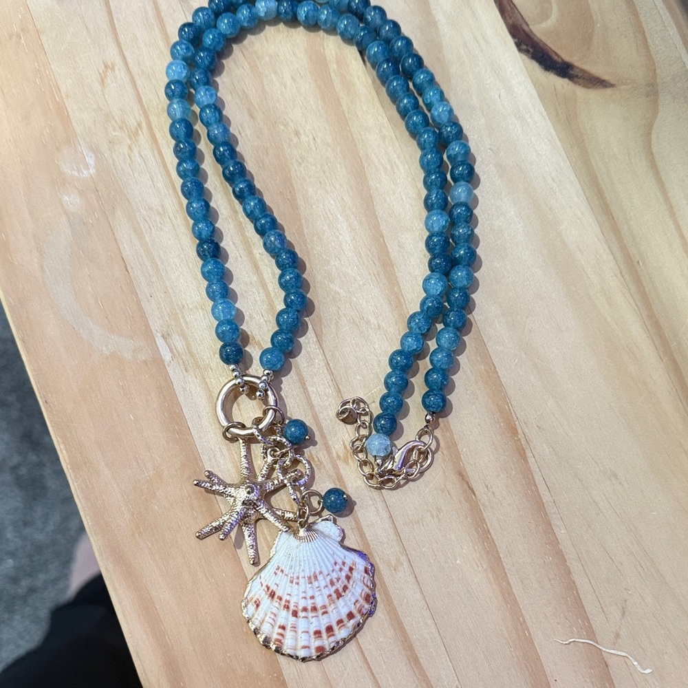 Blue Beaded Necklace with Shell Pendant